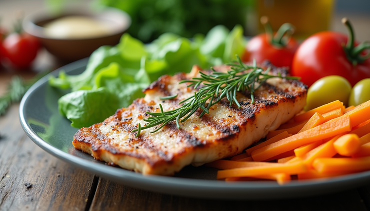 Close-up of a healthy meal with colorful vegetables and lean protein