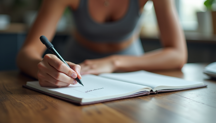 Eye-level view of a person writing fitness goals in a journal