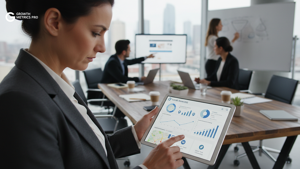Close-up view of a person analyzing local SEO metrics on a tablet