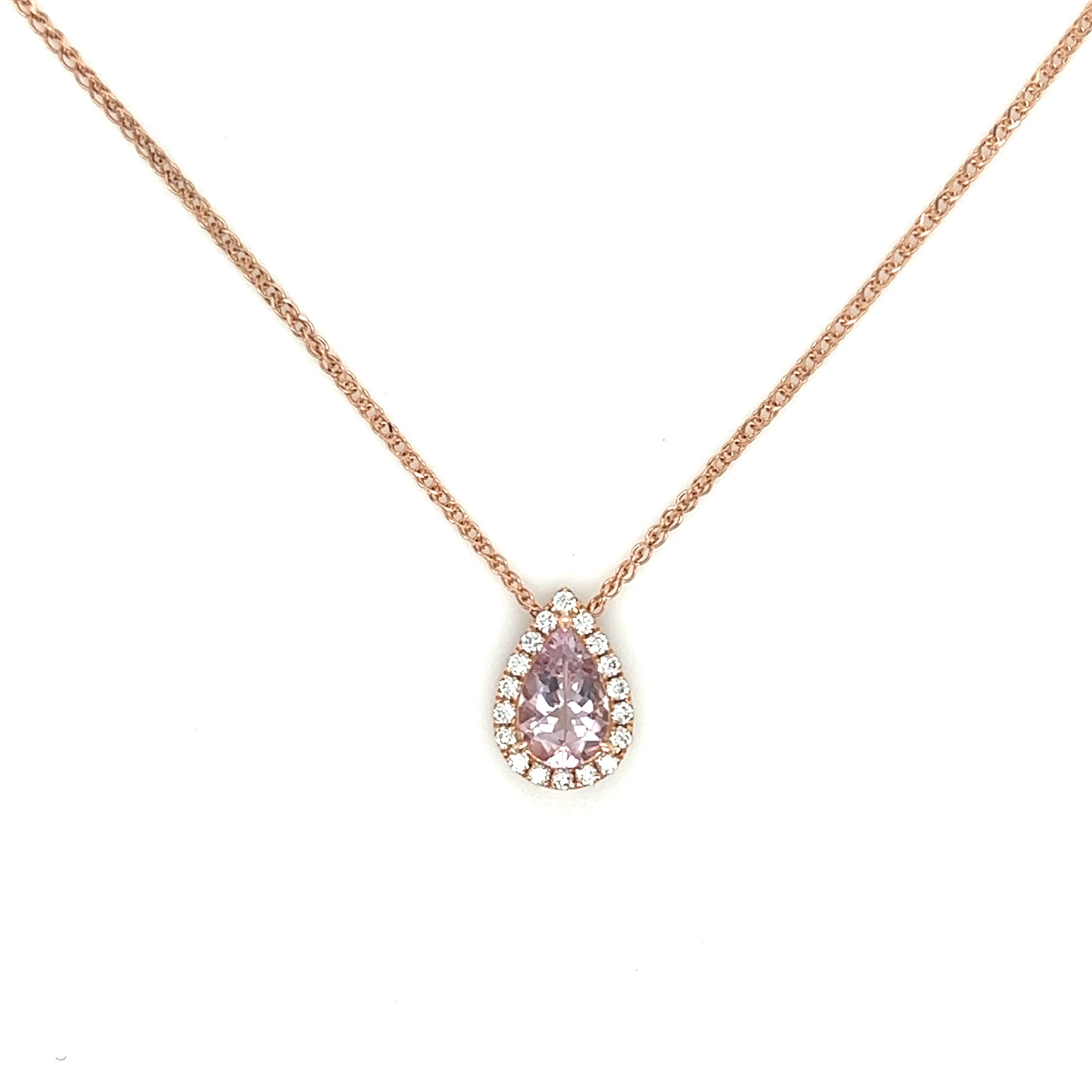 18K Rose Gold Pear Shape Pink Morganite & Diamonds Necklace