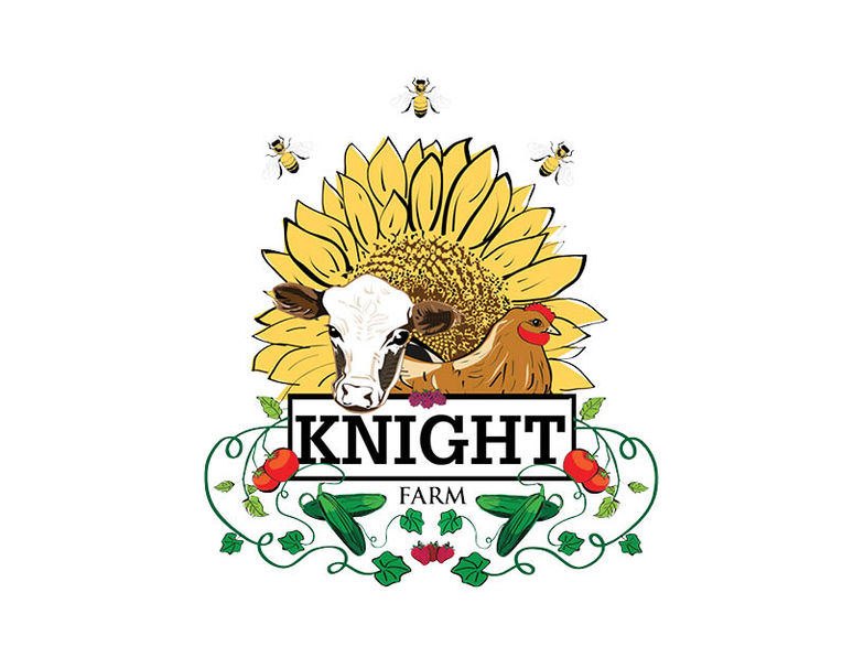 Logo includes cow, chicken, sunflower, vegetables and bees.