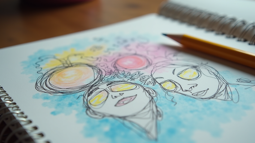 Close-up view of a colorful notebook with creative sketches