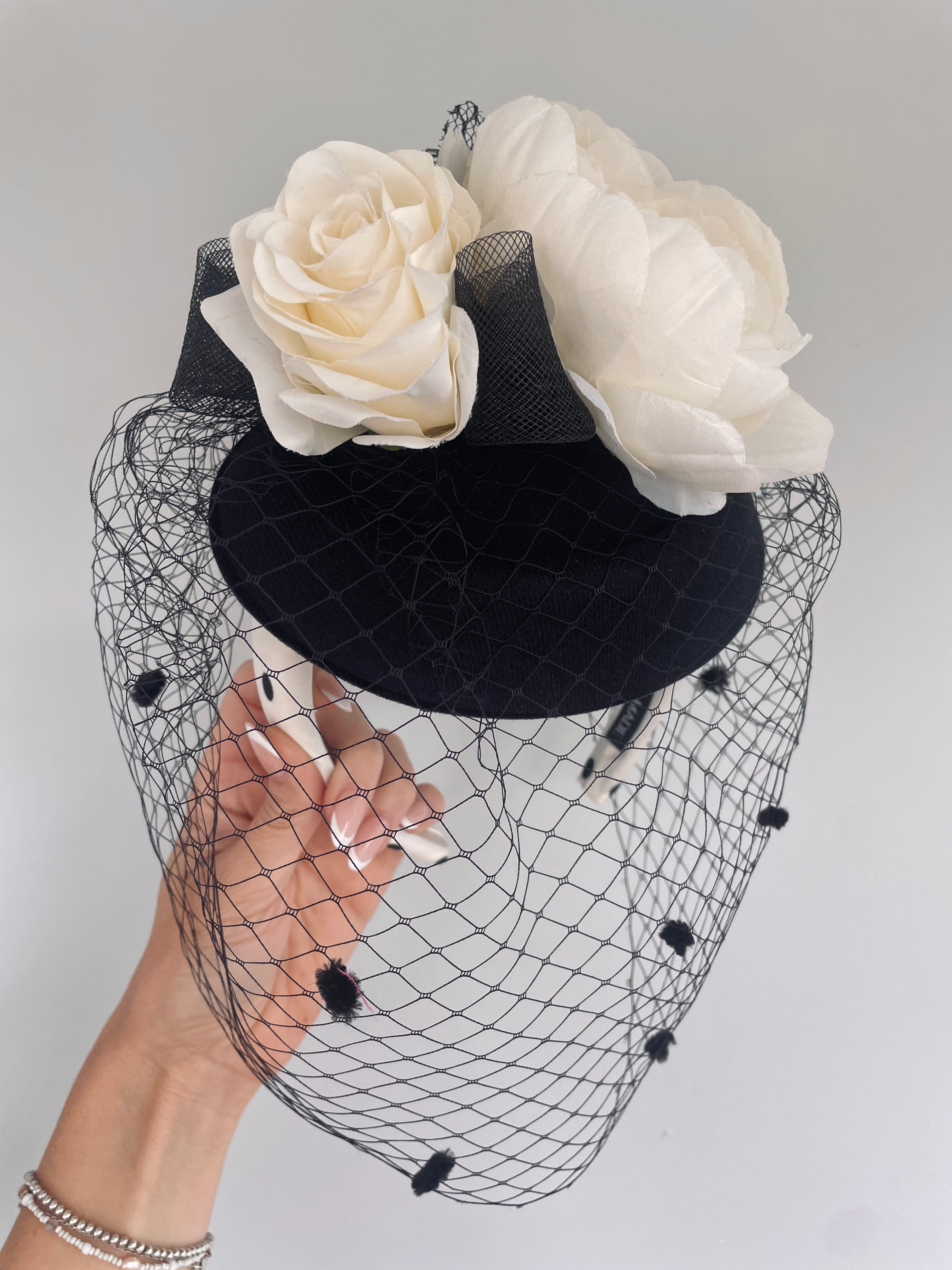 Black And Ivory White Birdcage Veil Headband Hair Band Flower Crown Fascinator