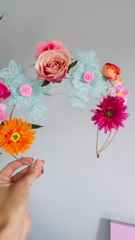 Thumbnail: Pink Orange Green Layered Flower Crown Lace Halo Headband Hair Band