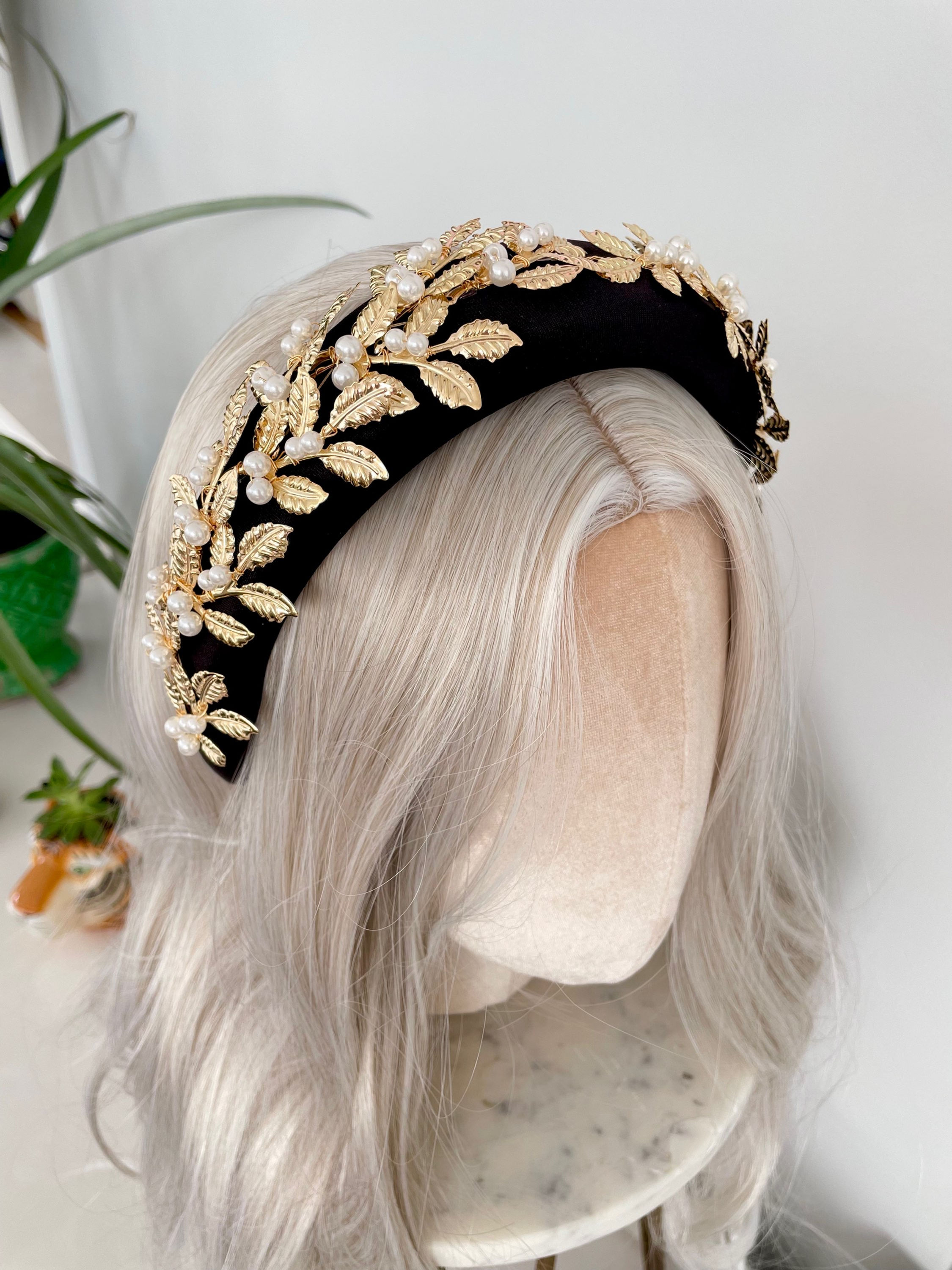 Gold Leaf Ivory Black Pearl Padded Headband Hair Band