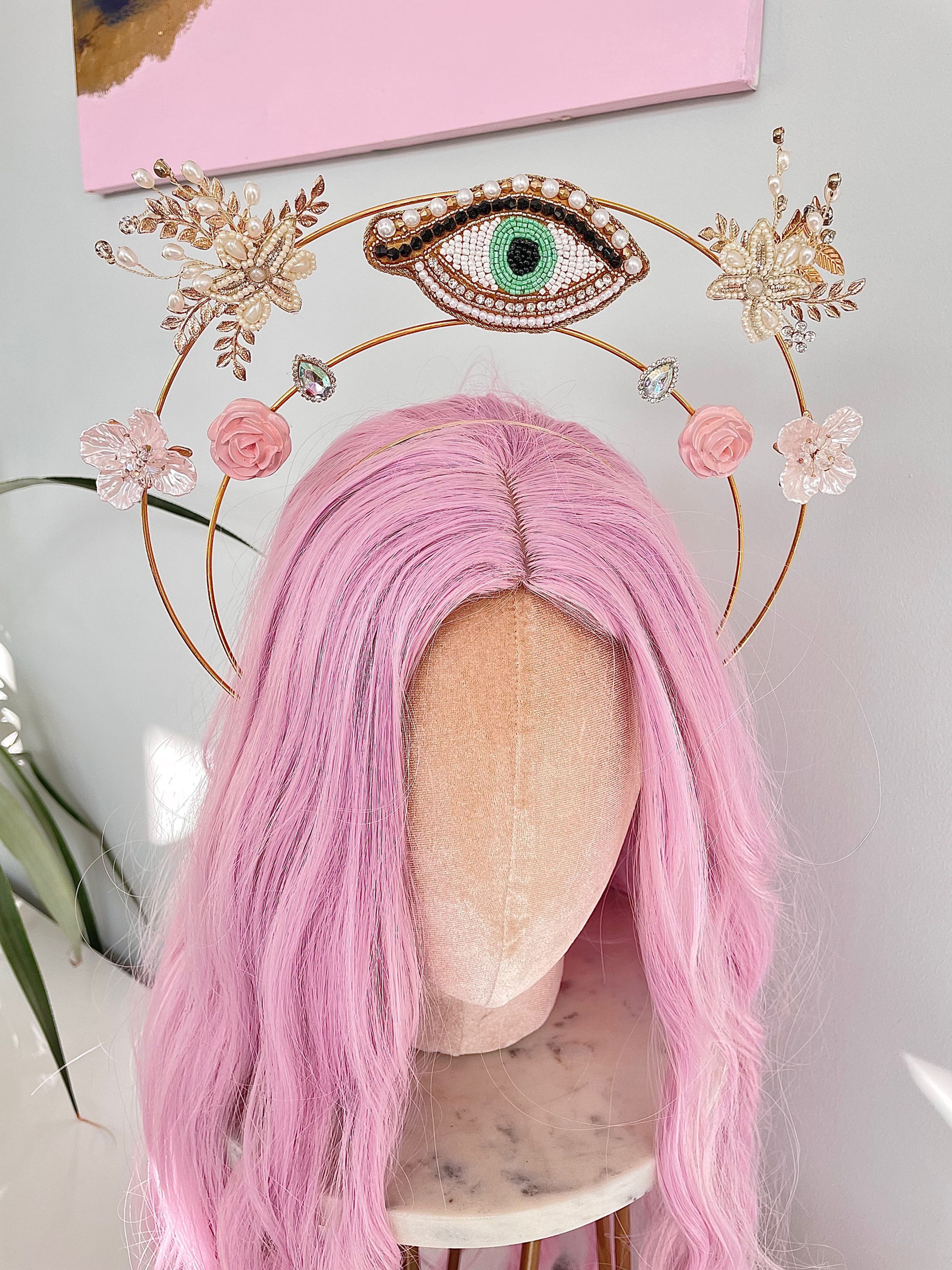 All Seeing Eye Gold Leaf Pink Flower Layered Halo Headband Hair Band Jewelled He