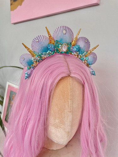 Purple Turquoise Green Gold Crystal Mermaid Crown Sea Shell Hair