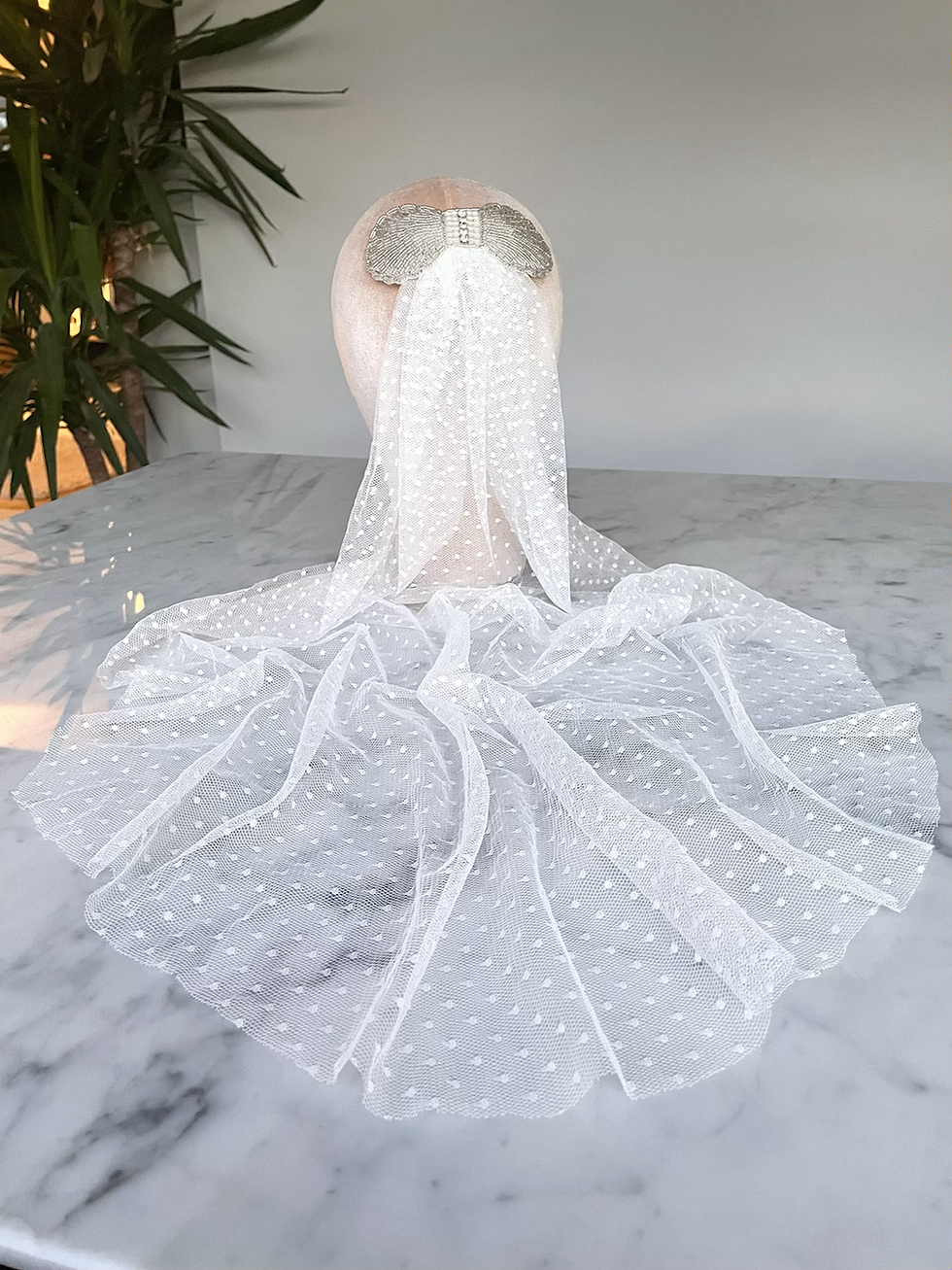 Thumbnail: Dotty White Polka Dot Luxury Soft Lace Veil Bow Diamond Hair Clip Comb 