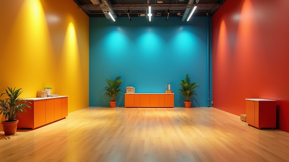 Eye-level view of an empty rehearsal space with bright, colorful props