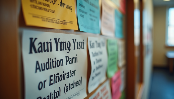 Eye-level view of a casting call notice board filled with audition flyers
