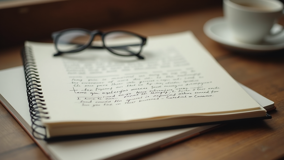 Close-up view of a script and a notebook on a wooden table