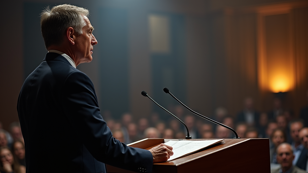 Close-up view of a speaker at a podium