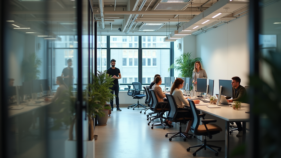 High angle view of a modern office with professionals collaborating
