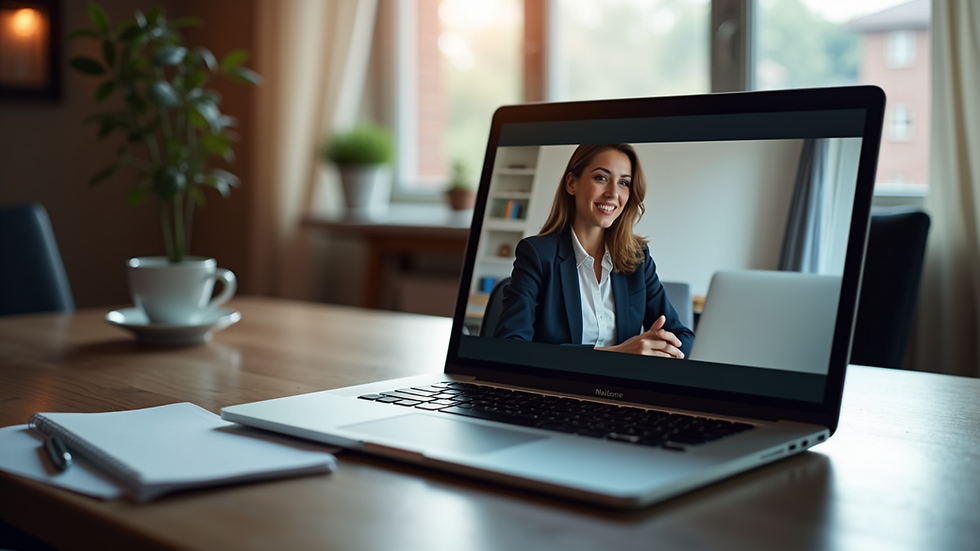 Eye-level view of a laptop on a desk with a virtual coaching session on screen
