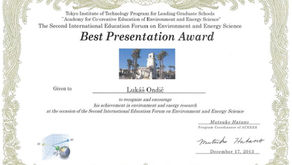 Lukáš Ondič received best presentation award at 2nd International Education Forum on Environment and