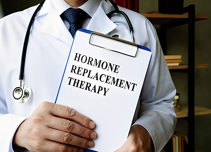 A Doctor Showing Hormone Replacement Therapy Information on a Clipboard.