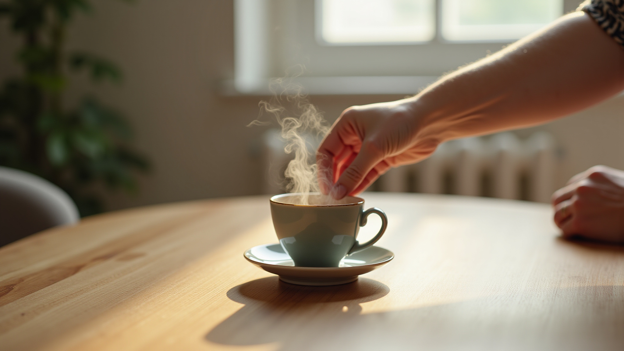 Serving a hot cup of tea on a clean table