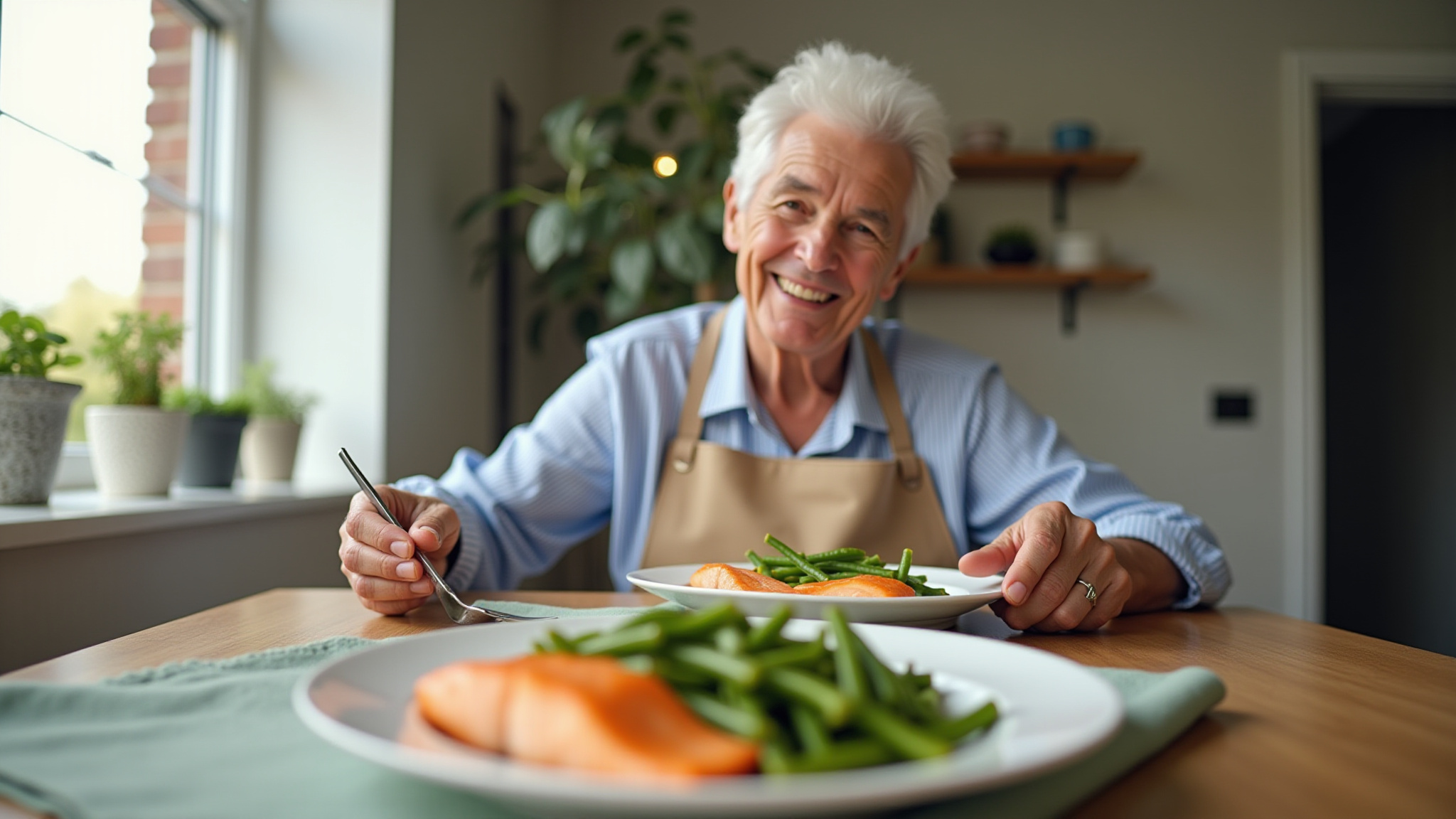 Happy lady enjoying lunch with fresh green beans