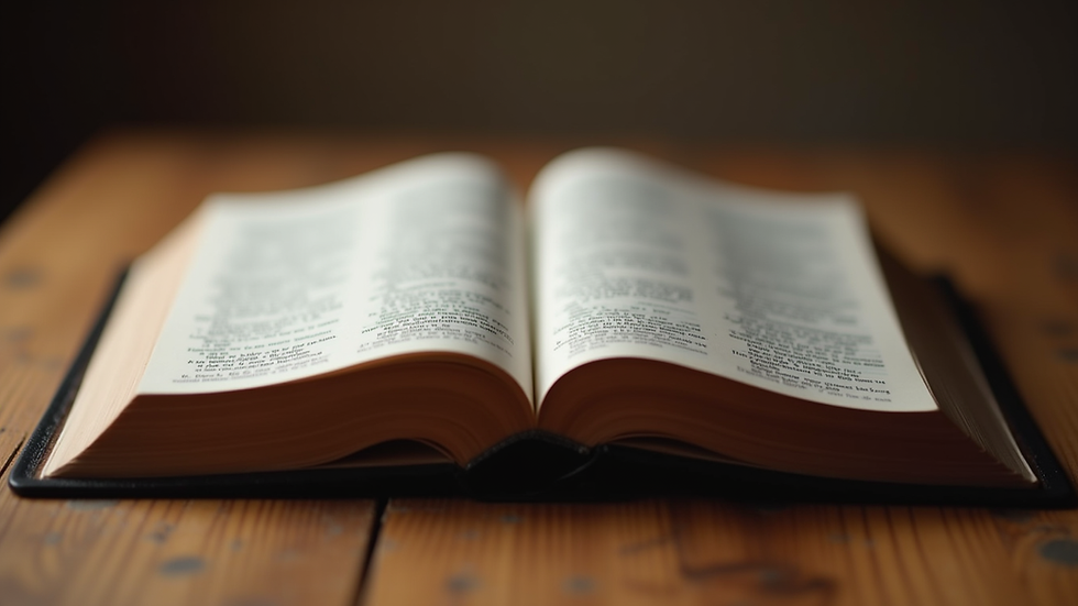 Eye-level view of an open Bible on a wooden table