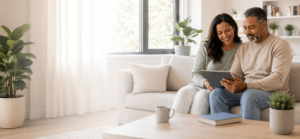 Mature couple reviewing HECM reverse mortgage options together at home