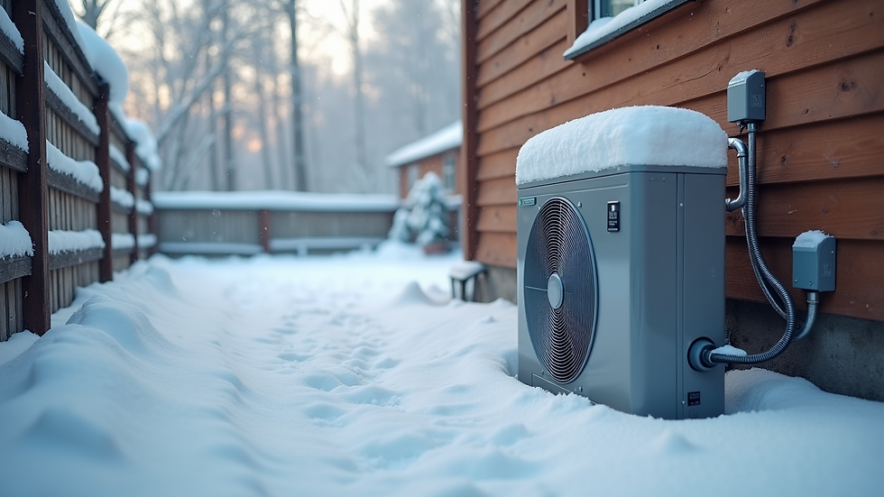 Eye-level view of a modern heat pump installed outside a snowy home