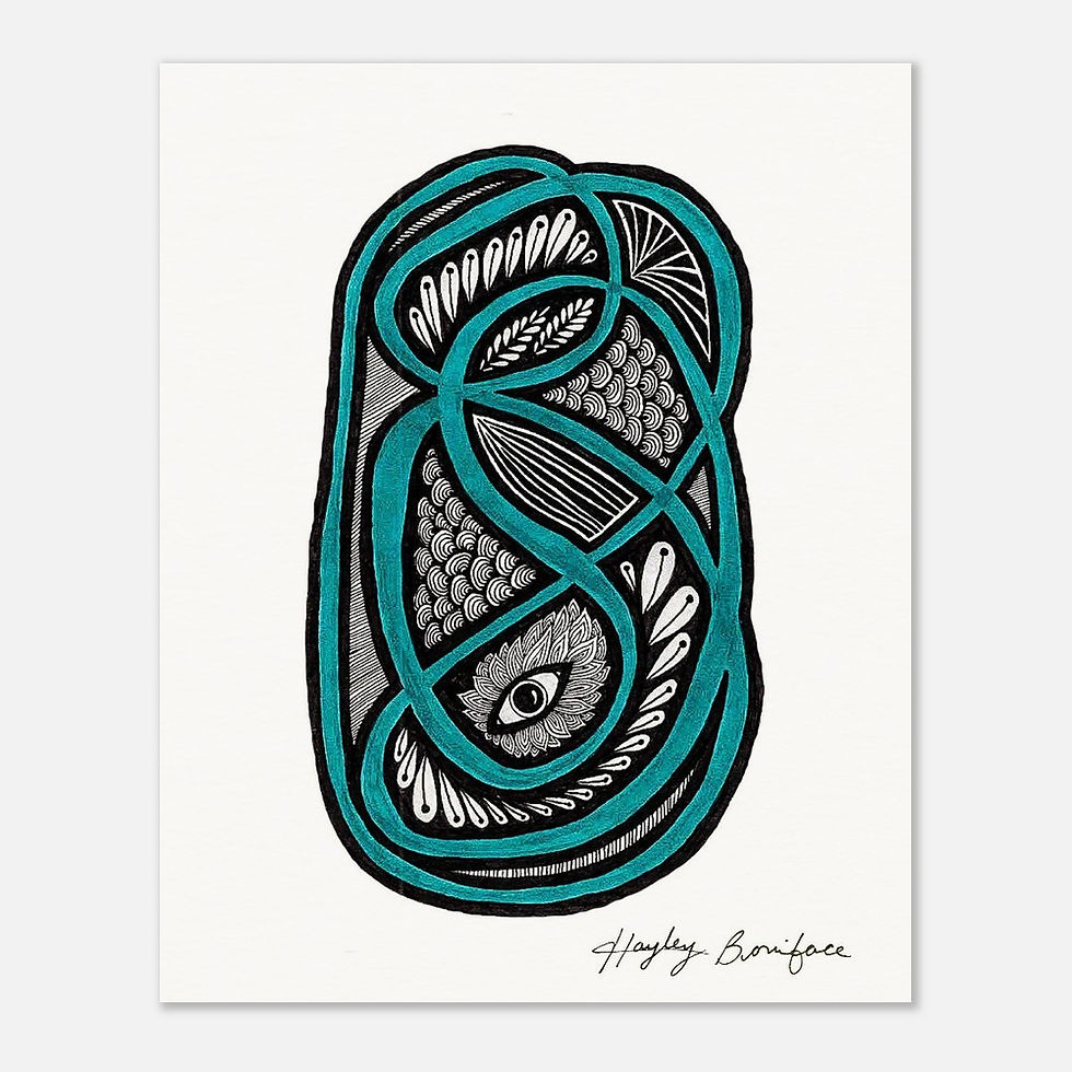 Abstract drawing in turquoise and black. Design including feathers and an eagle eye