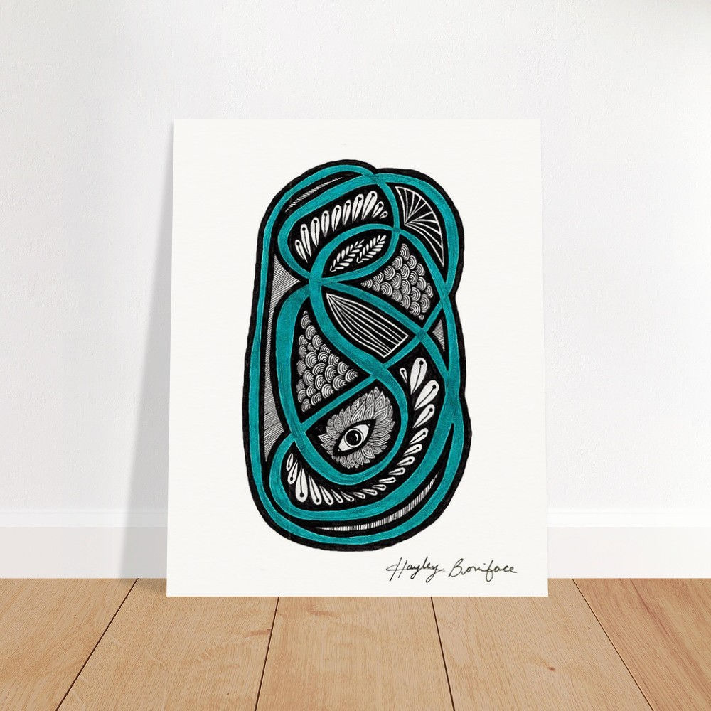 Abstract drawing in turquoise and black. Design including feathers and an eagle eye