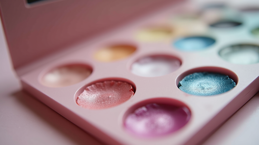 Eye-level view of a nail art palette with various pastel and metallic colours