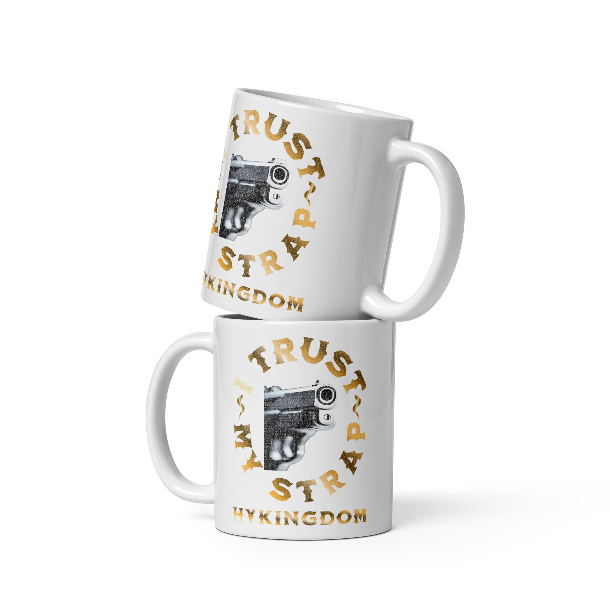 White glossy mug-I trust my strap-gold