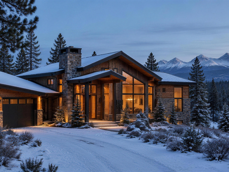 Modern Central Oregon home at winter dusk with fresh snow, ponderosa pines and warm light in the windows