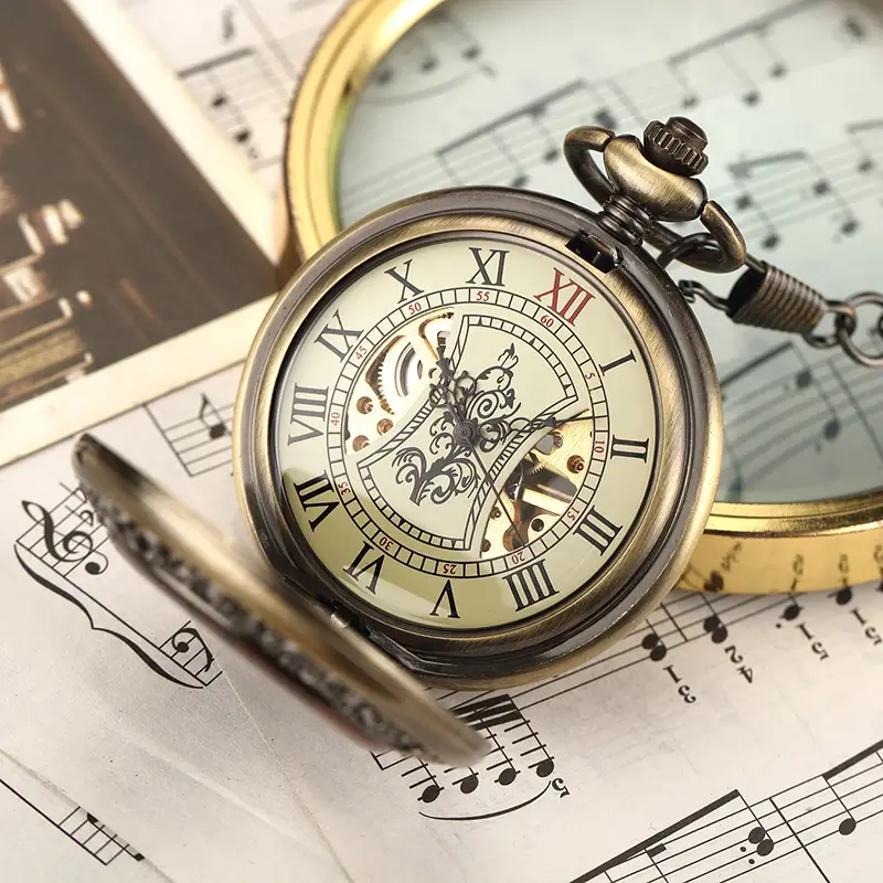 Solid wood mechanical steampunk pocket watch on sheet music