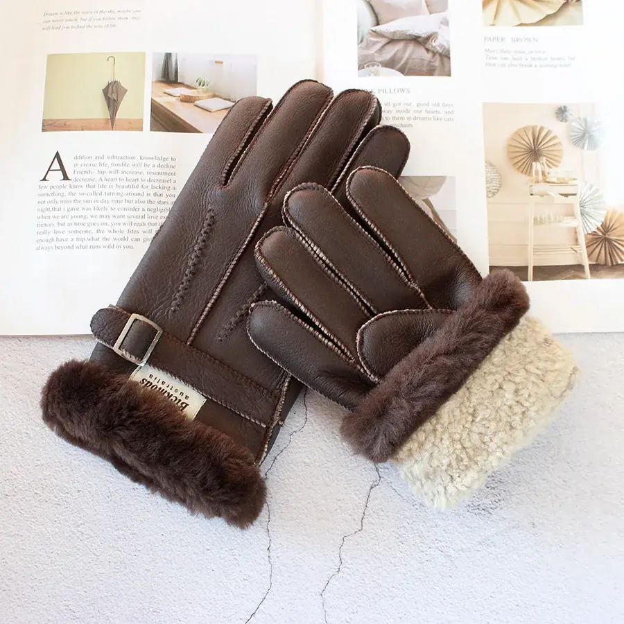 Men's thick brown sheepskin fur gloves for winter outdoor warmth
