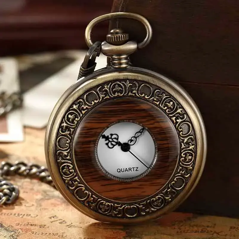 Hollow steampunk pocket watch with solid wood dial