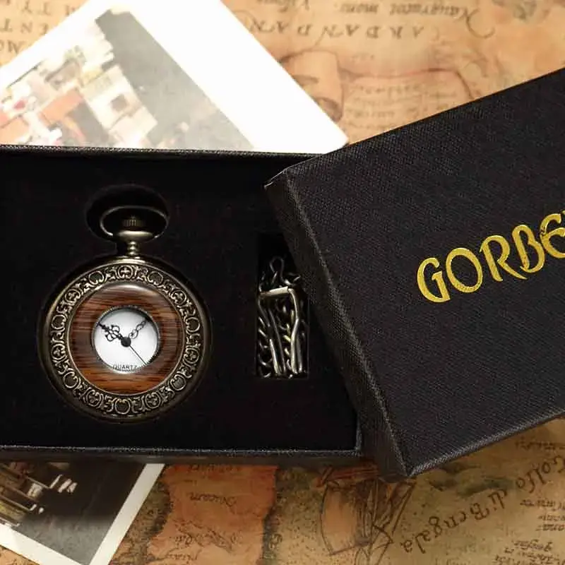 Wood steampunk pocket watch in a GORBEN gift box.