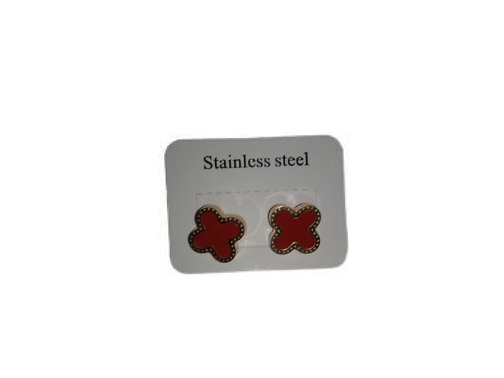 Red four leaf earrings on stainless steel card
