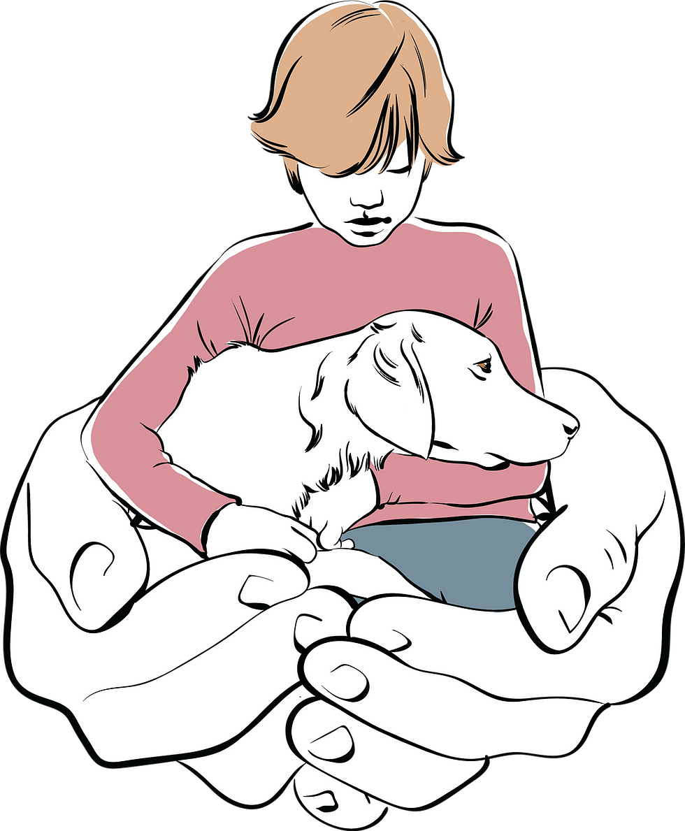 Illustration of a boy and a dog cupped in hands