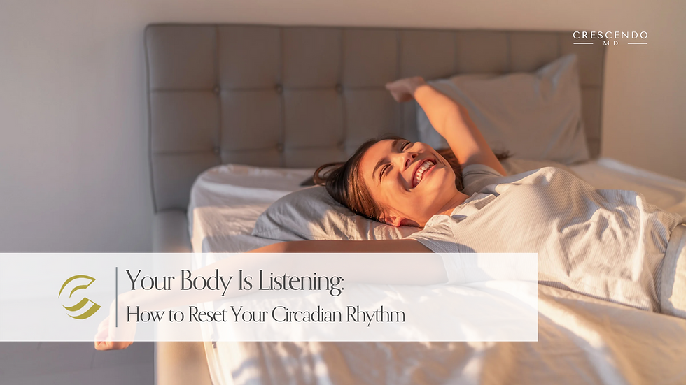 Smiling woman stretches in bed in warm sunlight; text says Your Body Is Listening: How to Reset Your Circadian Rhythm.