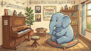 A sad elephant gazes at an upright piano that is design for large adults only.