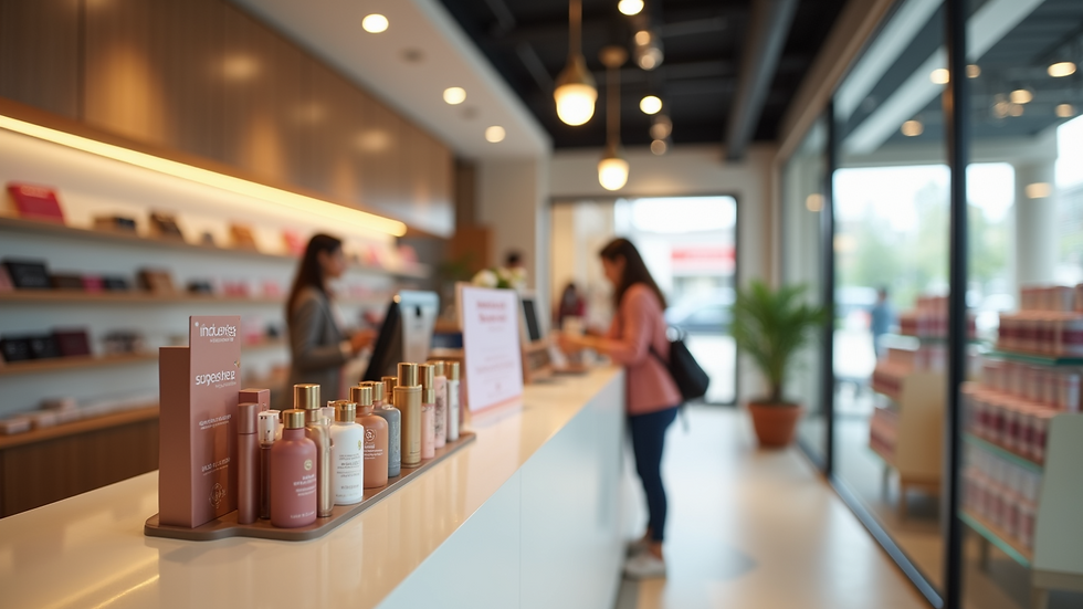 High angle view of a beauty store checkout counter with loyalty program signage