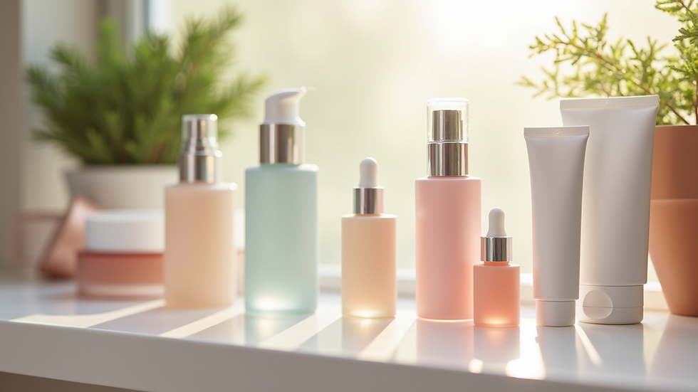 Eye-level view of a beauty counter with skincare products neatly arranged