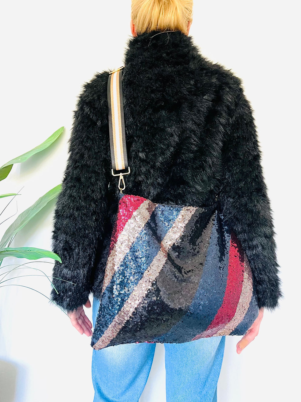 Thumbnail: Refashioned Sequinned Bag - Retro Diagonal Stripe
