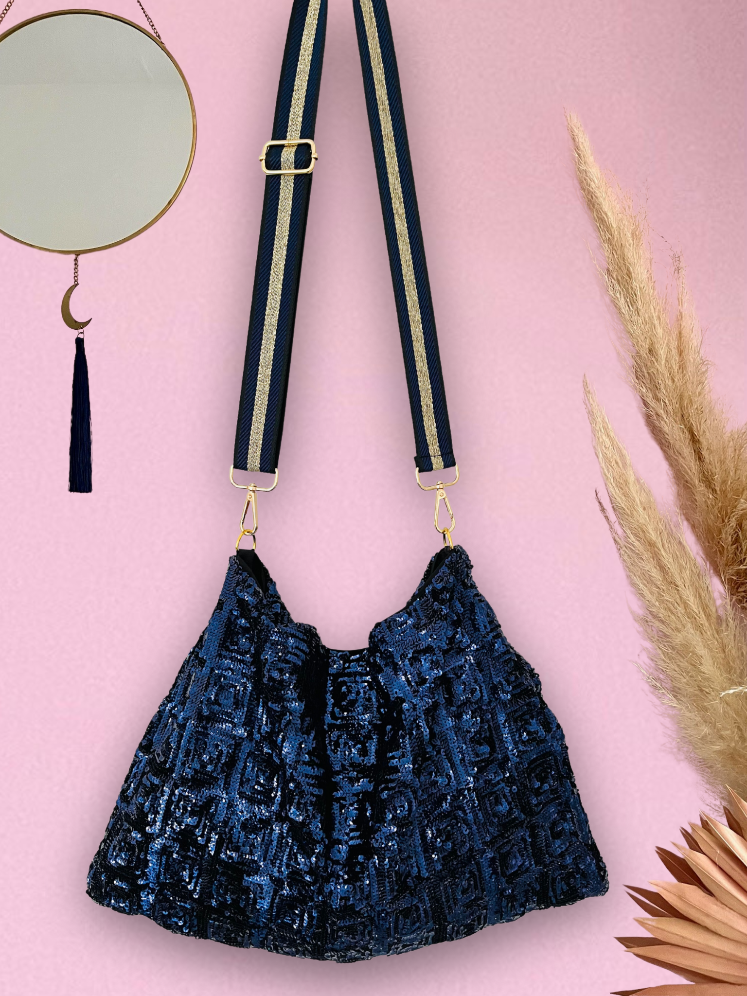 Refashioned Sequin Bag - Navy Textured Squares