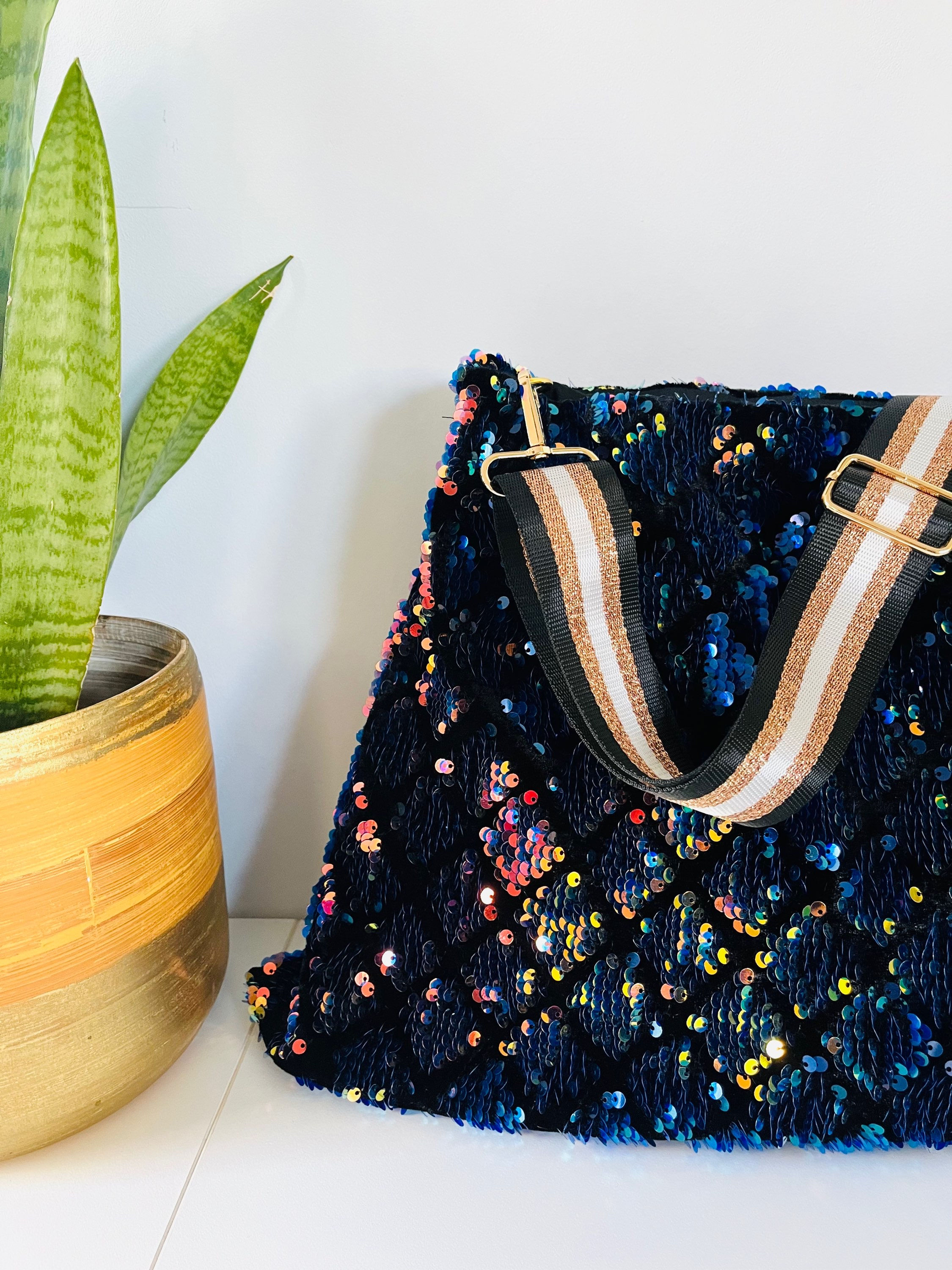 Refashioned Sequinned Bag - Navy, Coral and Yellow Diamonds