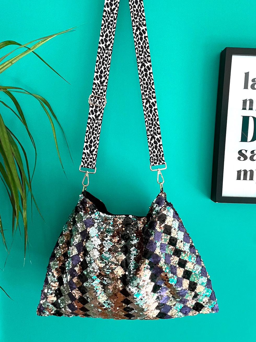 Thumbnail: Refashioned Sequin Bag - Pistachio, Purple and Gold Diamonds