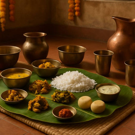 Banana leaf with traditional Indian meal, rice at center, curries, and sides. Bronze utensils surround the setting on a woven mat. Warm ambiance. This is Brahmin Bhojan in Pitru Paksha Shradh.
