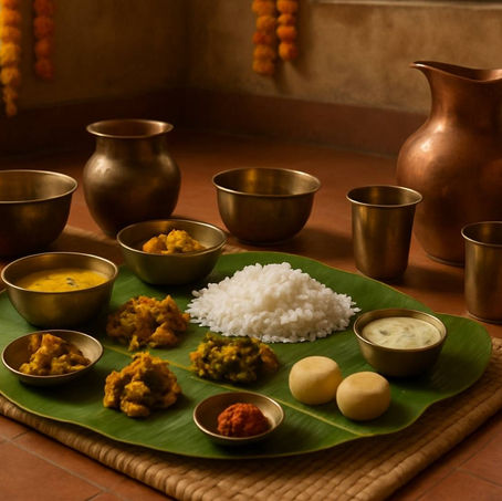 Banana leaf with traditional Indian meal, rice at center, curries, and sides. Bronze utensils surround the setting on a woven mat. Warm ambiance. This is Brahmin Bhojan in Pitru Paksha Shradh.