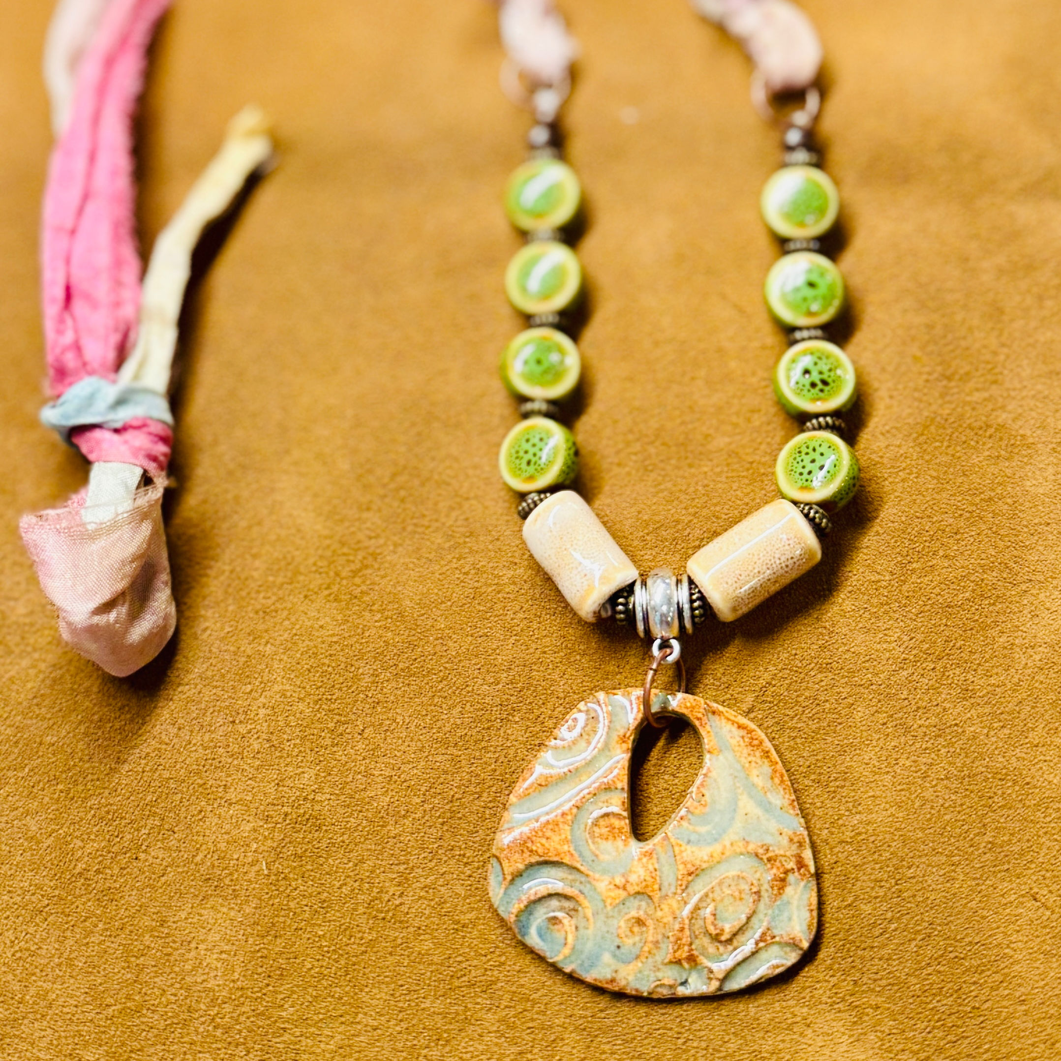 Beaded Pendant Necklace On Silk