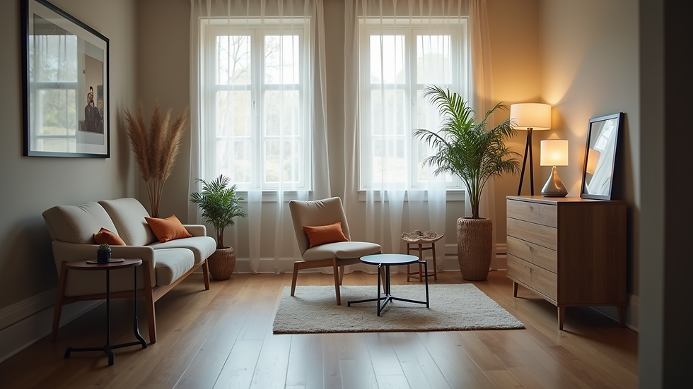 Close-up view of a hair restoration consultation room with comfortable seating