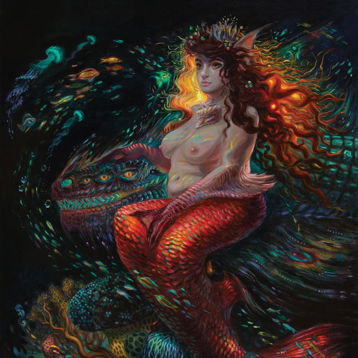 goddess mermaid resting with sea-serpent companion