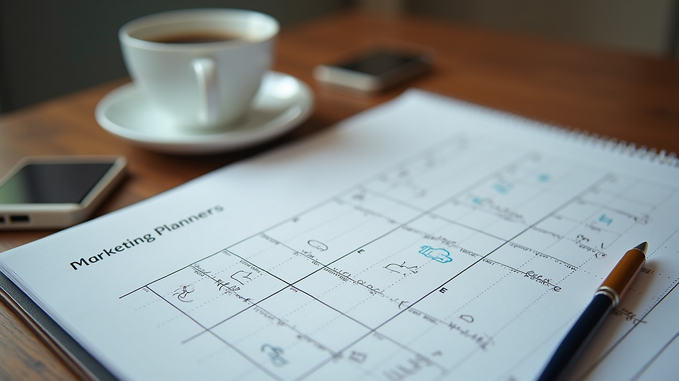 High angle view of a desk with marketing planning notes and a coffee cup